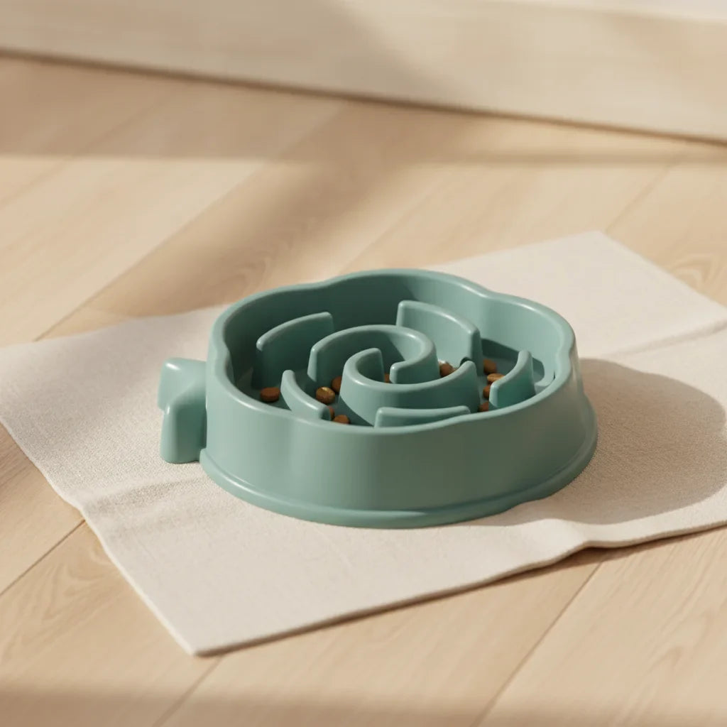 Gamelle anti-glouton pour chat en forme de fleur, coloris teal, avec croquettes
