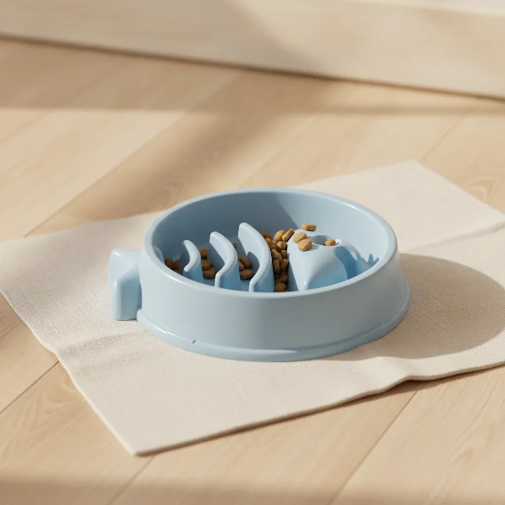 Gamelle anti-glouton pour chat en forme de poisson, coloris bleu, avec croquettes