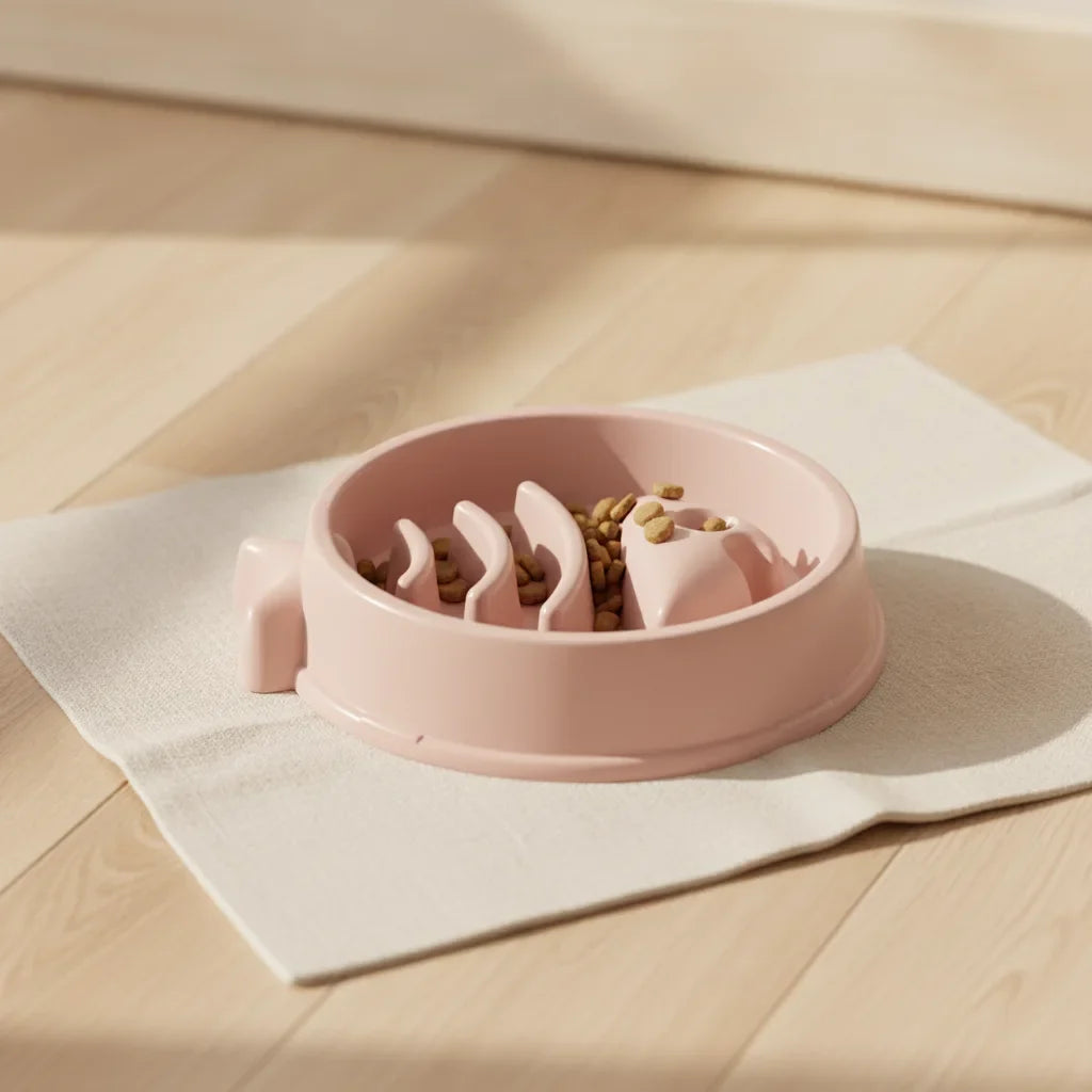 Gamelle anti-glouton pour chat en forme de poisson, coloris rose, avec croquettes