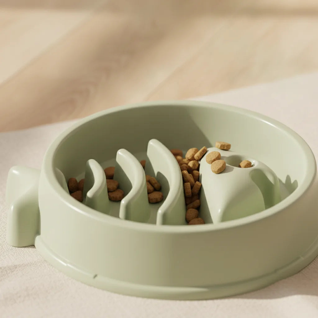 Gros plan sur le labyrinthe interieur d'une gamelle anti-glouton pour chat en forme de poisson, coloris sauge