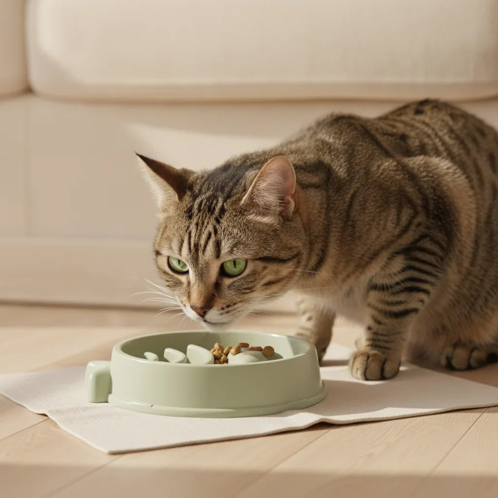Chat tigre mangeant dans une gamelle anti-glouton en forme de poisson, coloris sauge