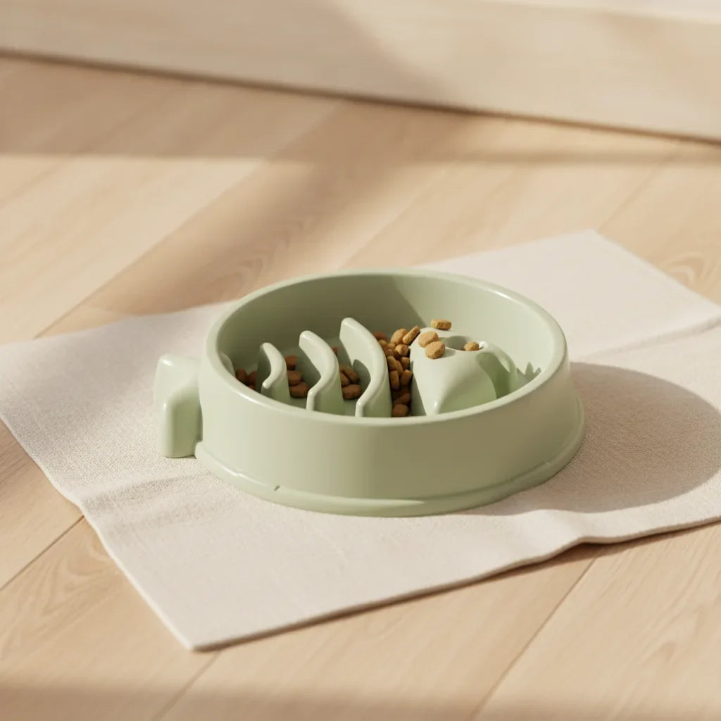 Gamelle anti-glouton pour chat en forme de poisson, coloris sauge, avec croquettes