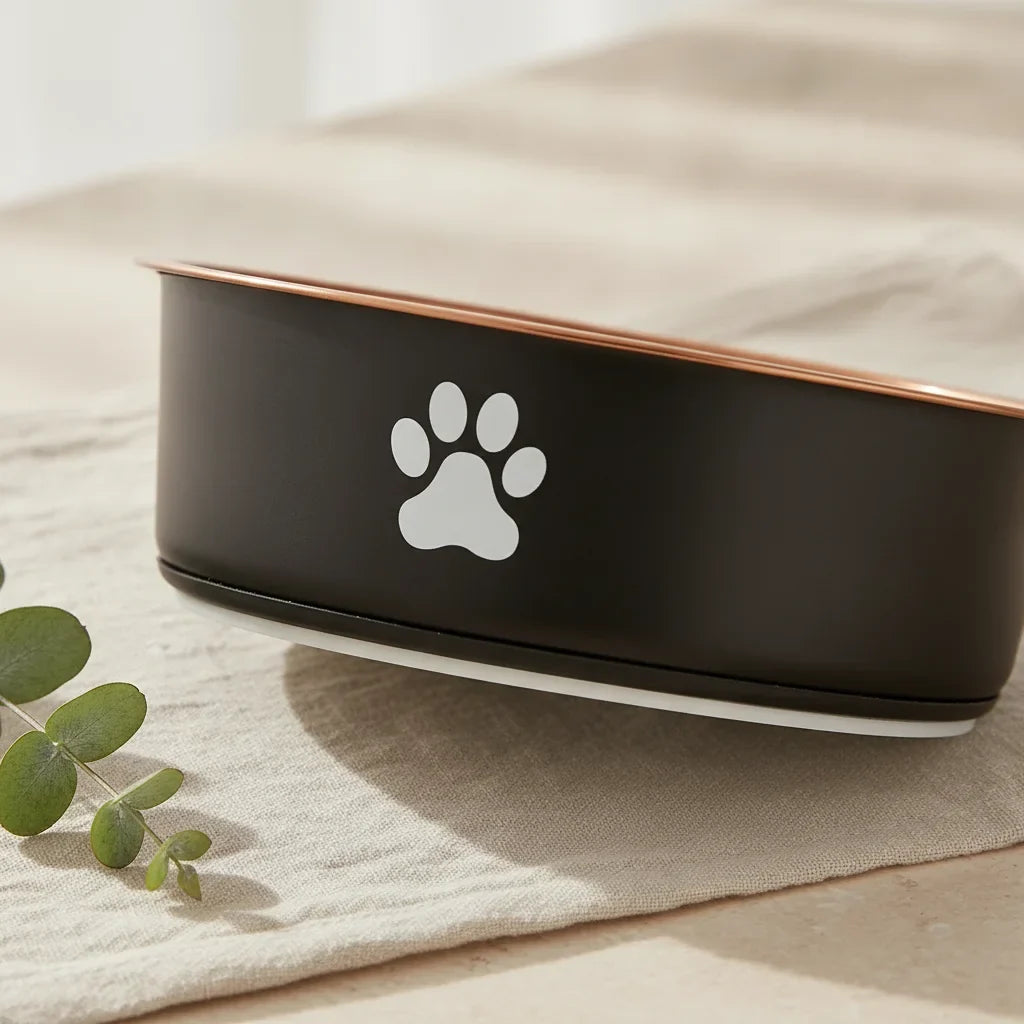Gros plan sur le bord cuivre et le logo patte d'une gamelle en inox pour chien
