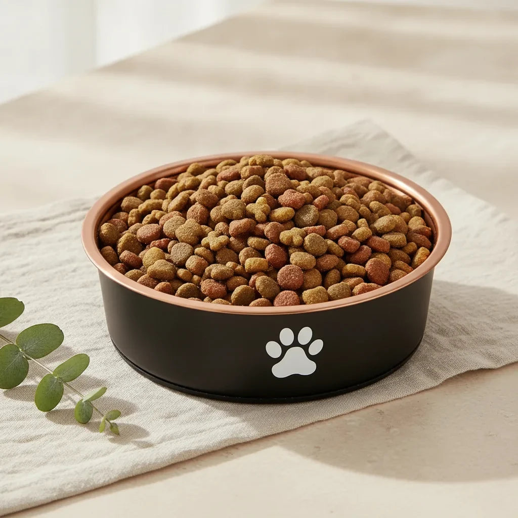 Gamelle en inox pour chien coloris noir et cuivre, remplie de croquettes