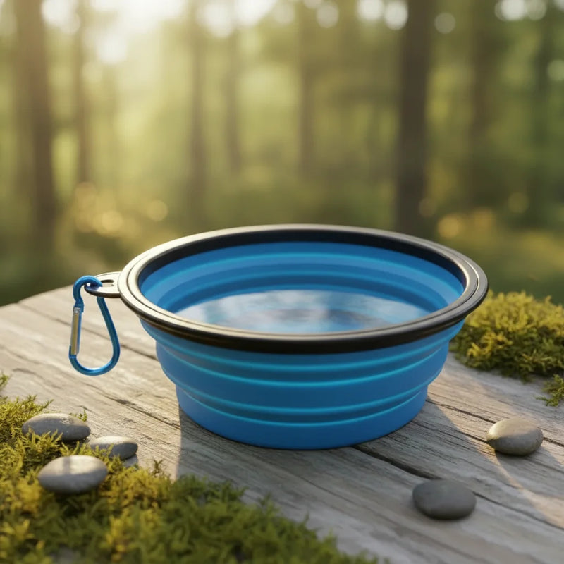 Gamelle pliable en silicone bleue pour chien avec mousqueton, depliee