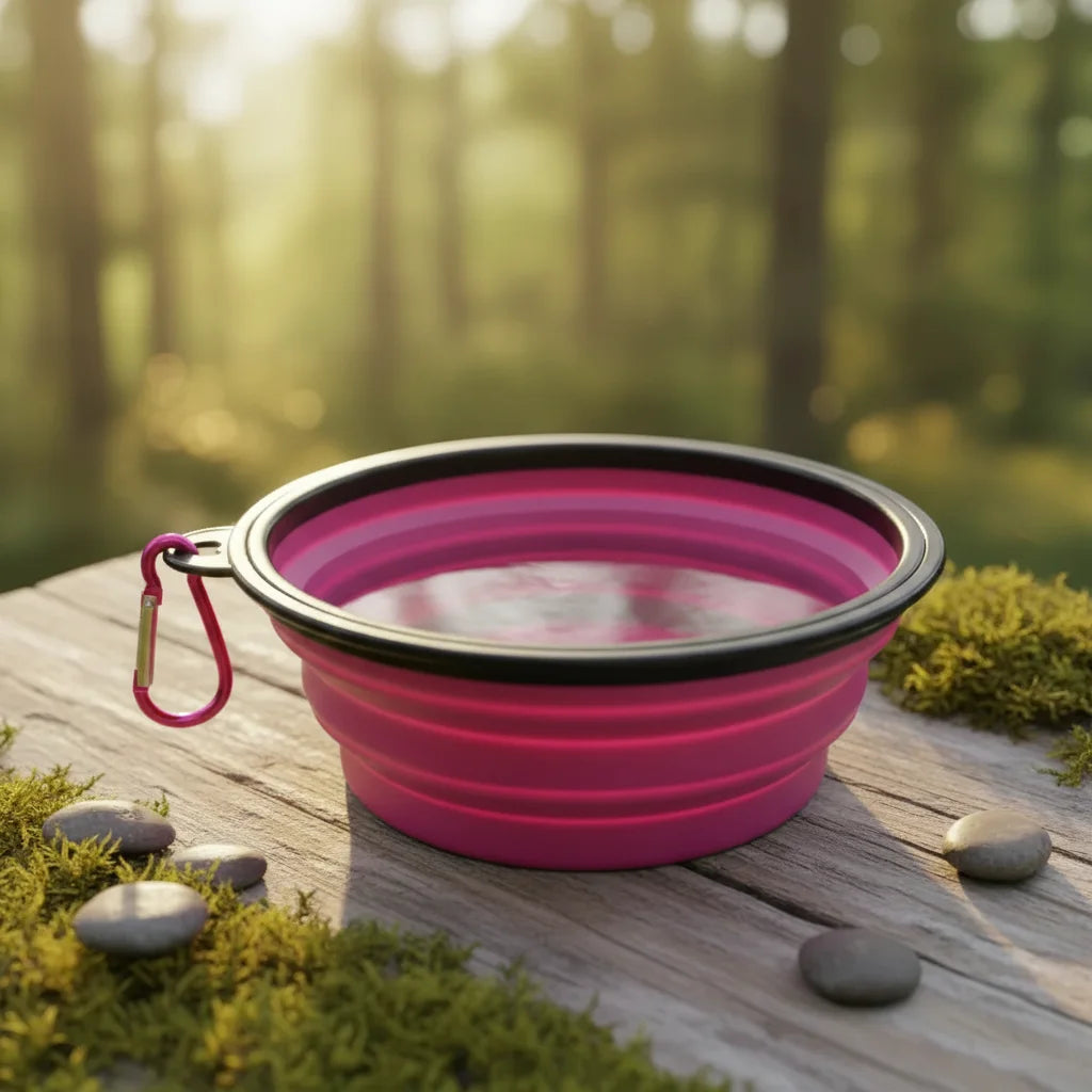 Gamelle pliable en silicone magenta pour chien avec mousqueton, depliee