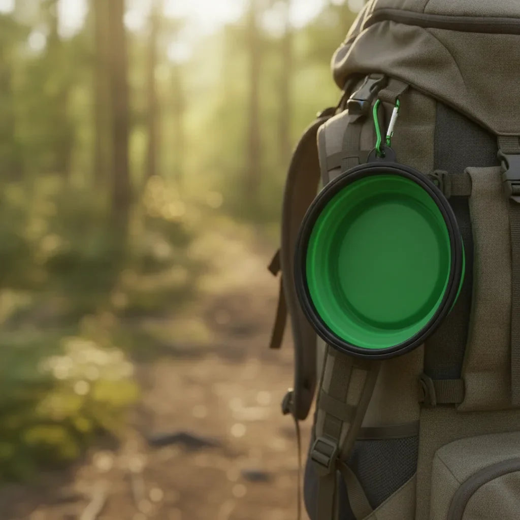 Gamelle pliable en silicone verte accrochee a un sac a dos de randonnee en foret
