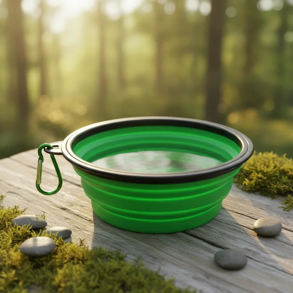 Gamelle pliable en silicone verte pour chien, vue de dessus