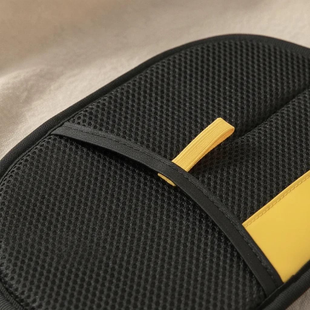 Gros plan sur la face microfibre et l'attache velcro d'un gant anti-poils electrostatique
