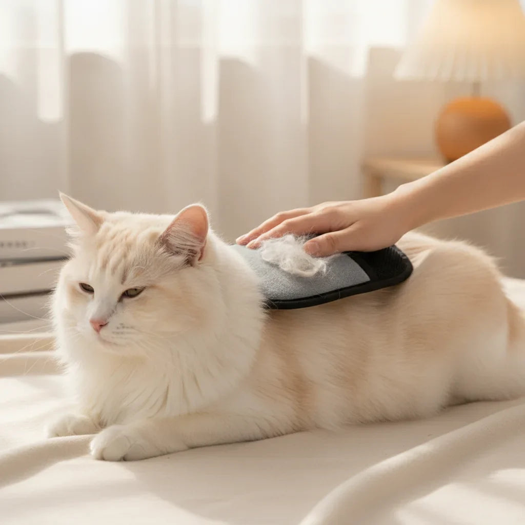Chat blanc a poil long toilette avec un gant anti-poils electrostatique gris et noir