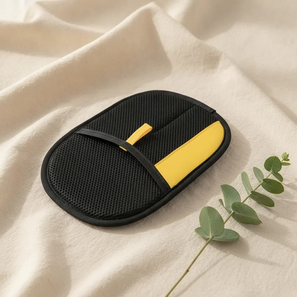 Gant anti-poils electrostatique pour chien et chat, coloris noir et jaune, vue arriere