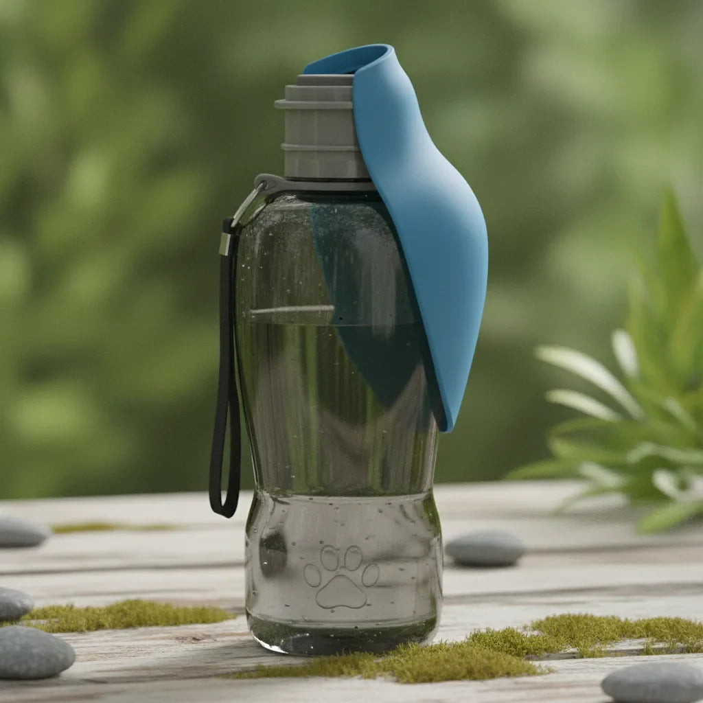 Gourde nomade pour chien avec bouchon-gamelle pliable bleu, fermee