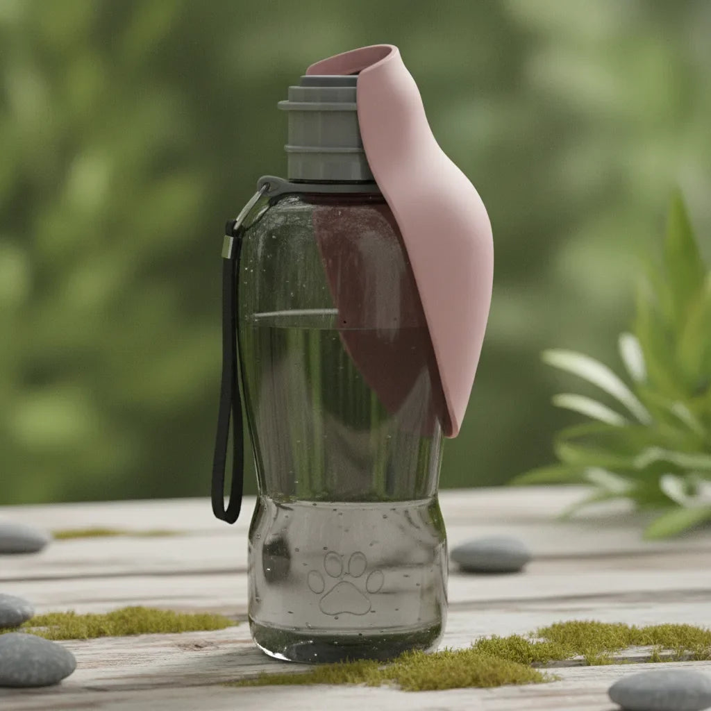 Gourde nomade pour chien avec bouchon-gamelle pliable rose, fermee
