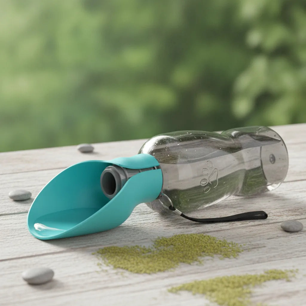 Gourde nomade pour chien turquoise avec bouchon-gamelle deplie pour faire boire l'animal