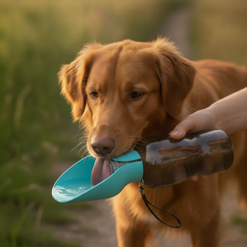 Chien Golden Retriever buvant a une gourde nomade turquoise tenue par son maitre