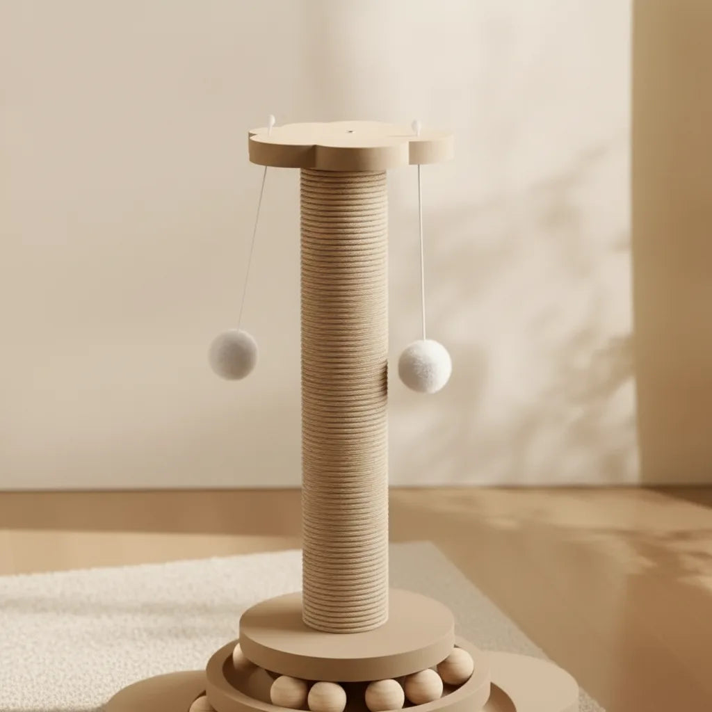 Gros plan sur la colonne en corde de sisal d'un griffoir pour chat avec pompons et plumeau