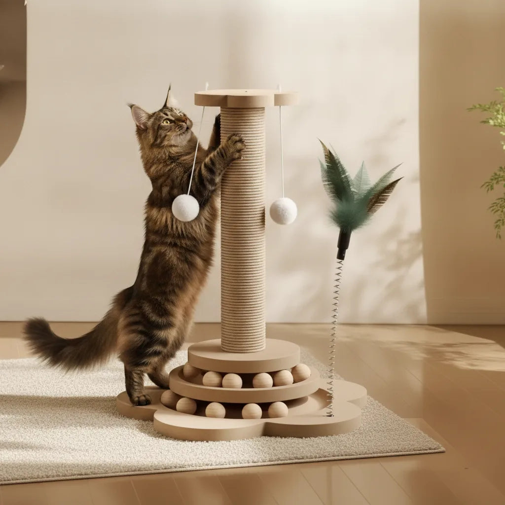 Chat Maine Coon griffant la colonne en sisal d'un griffoir avec pompons suspendus