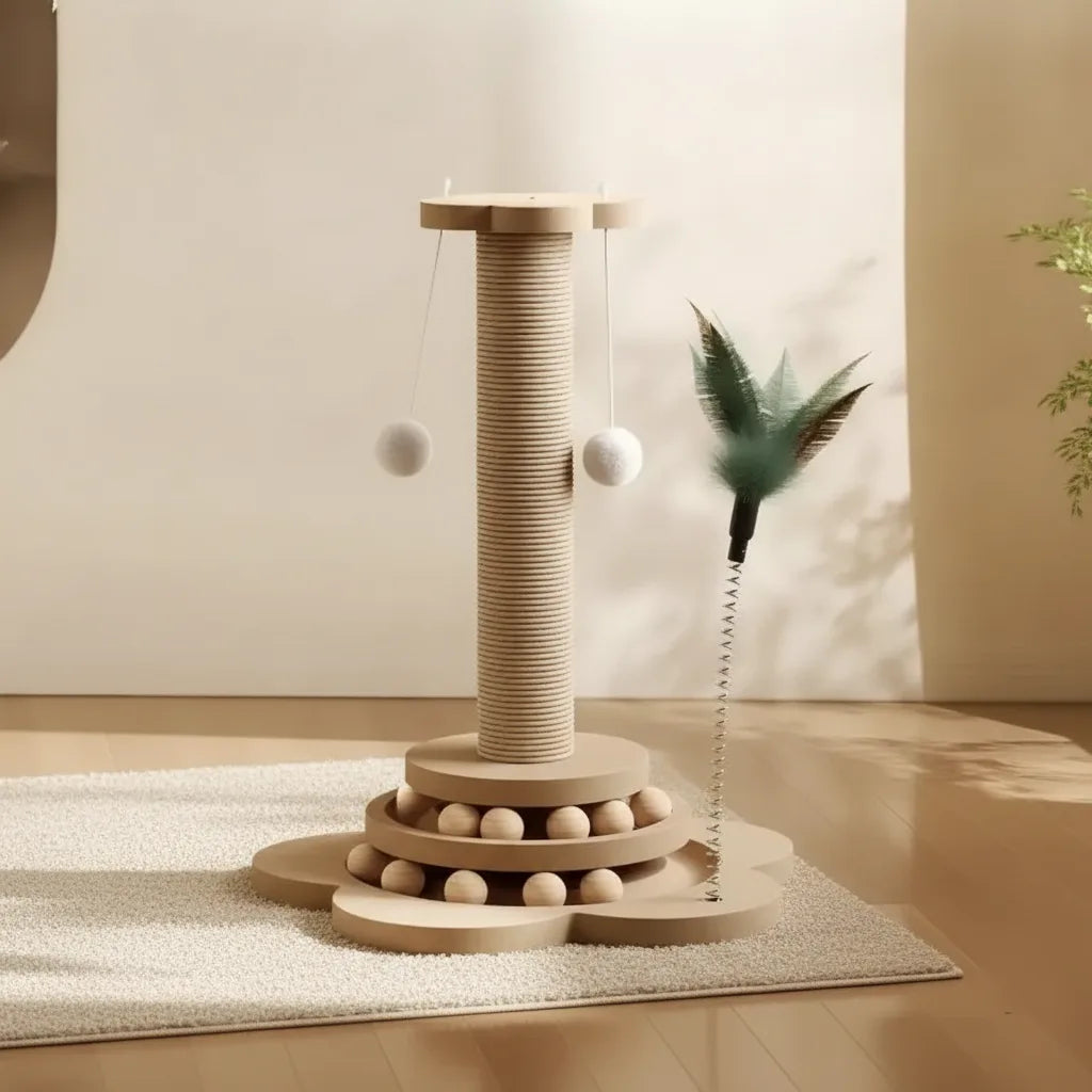 Griffoir colonne en sisal pour chat avec base a billes et pompons, vue d'ensemble