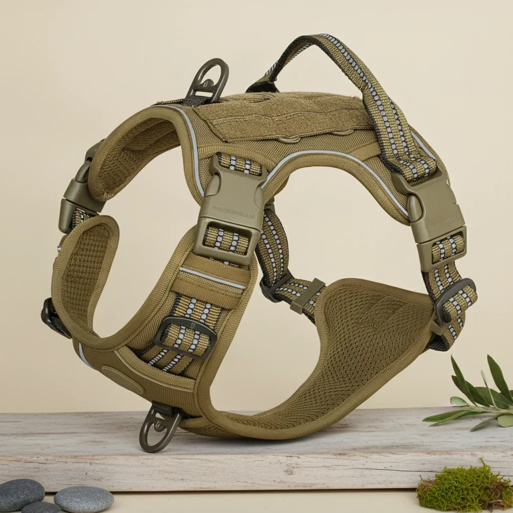 Harnais anti-traction pour chien kaki fonce, style tactique avec poignee