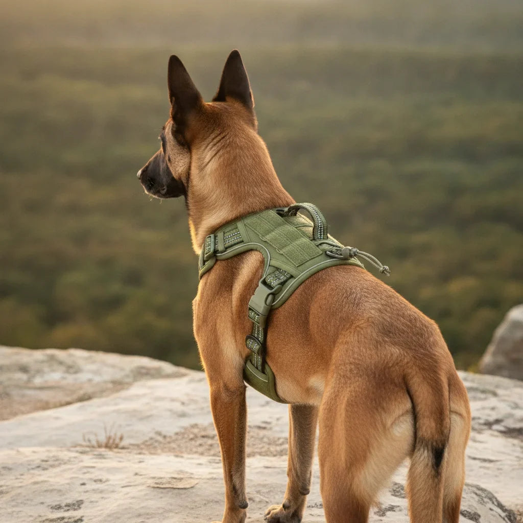 Chien Malinois portant un harnais anti-traction vert armee, vu de dos sur un rocher au coucher du soleil