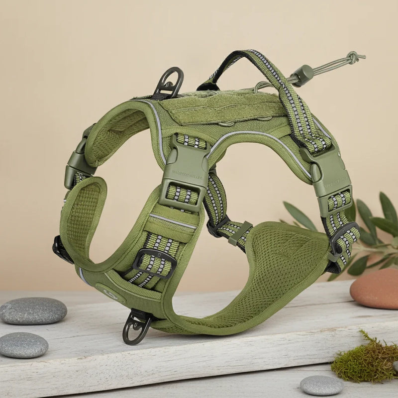 Harnais anti-traction pour chien vert armee, style tactique avec poignee