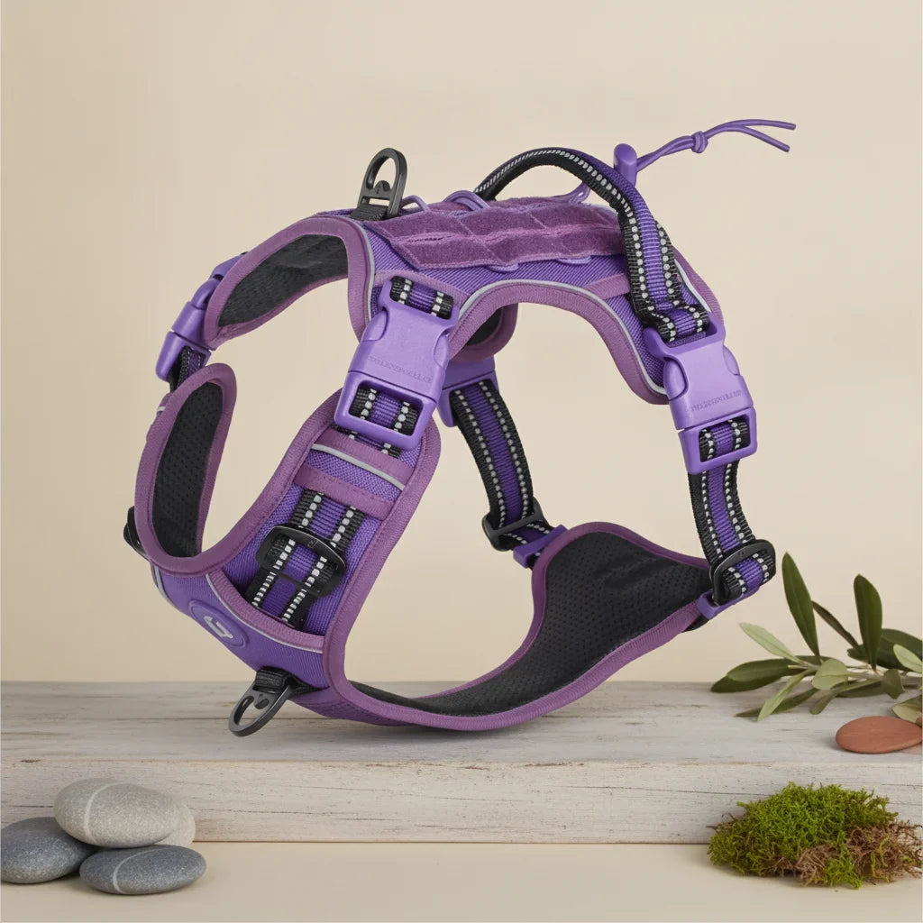Harnais anti-traction pour chien violet, style tactique avec poignee
