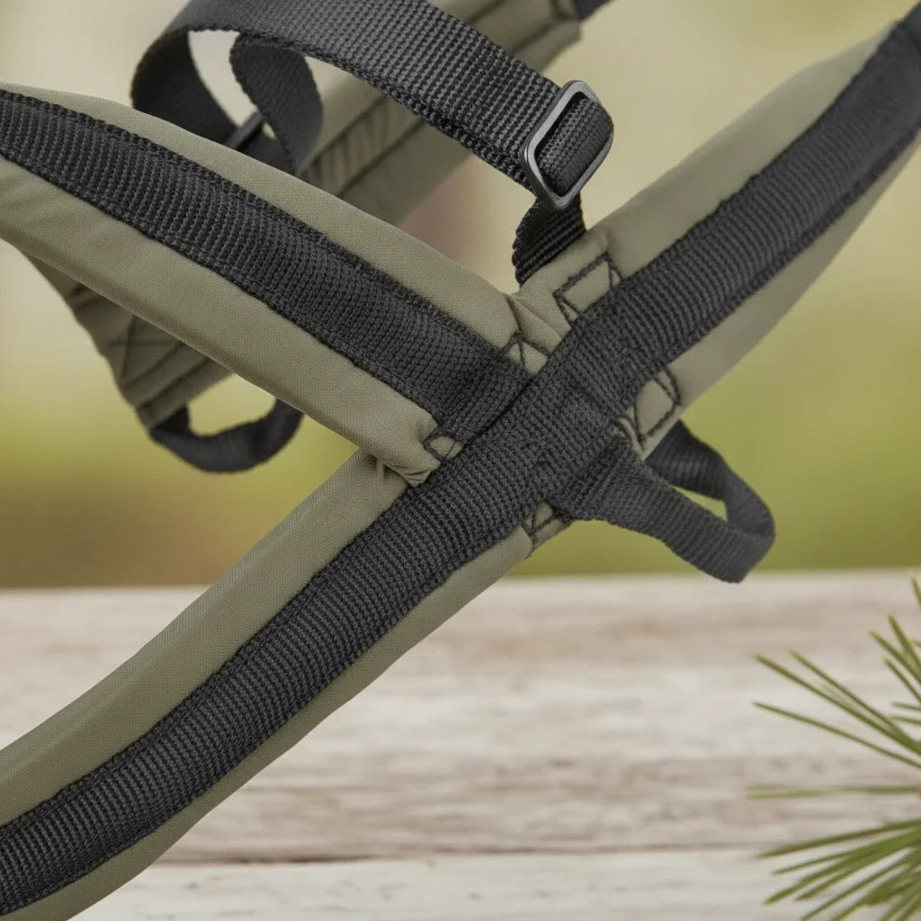 Gros plan sur les sangles croisees rembourrees du harnais de canicross kaki et noir