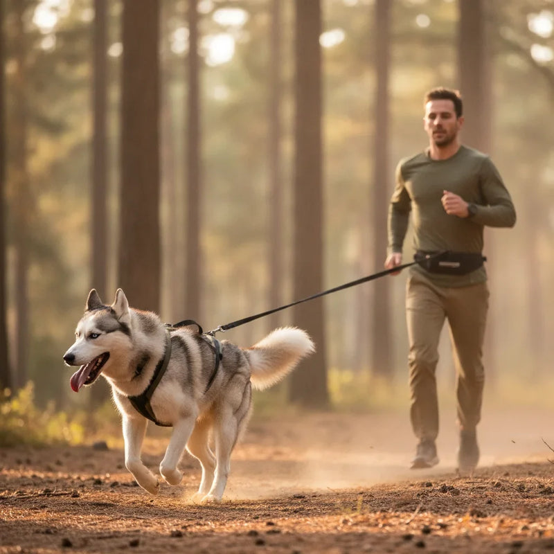 Chien Husky portant un harnais de canicross kaki en pleine course avec son maitre en foret