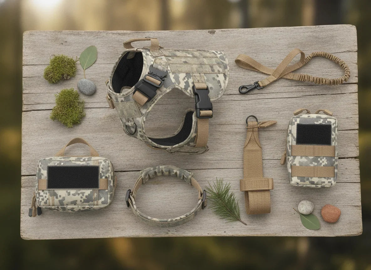 Kit harnais de randonnee pour chien camouflage avec laisse elastique, sacoches et accessoires MOLLE