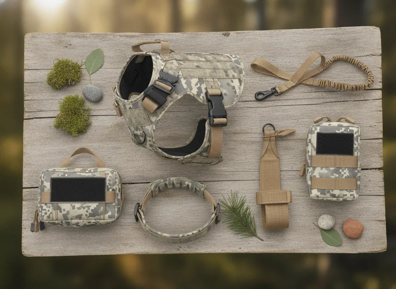 Kit harnais de randonnee pour chien camouflage avec laisse elastique, sacoches et accessoires MOLLE