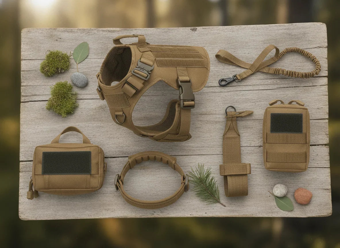 Kit harnais de randonnee pour chien marron avec laisse elastique, sacoches et accessoires MOLLE