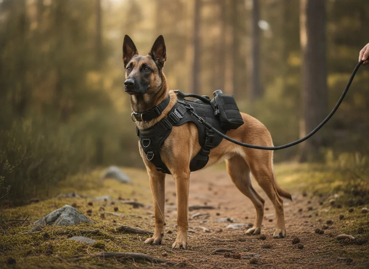 Chien Malinois portant le harnais de randonnee noir avec sacoche, en balade en foret avec son maitre