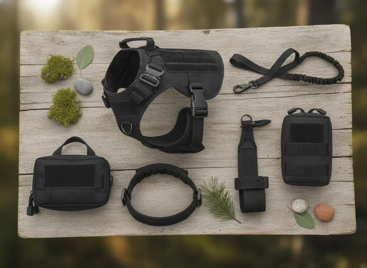 Kit harnais de randonnee pour chien noir avec laisse elastique, sacoches et accessoires MOLLE