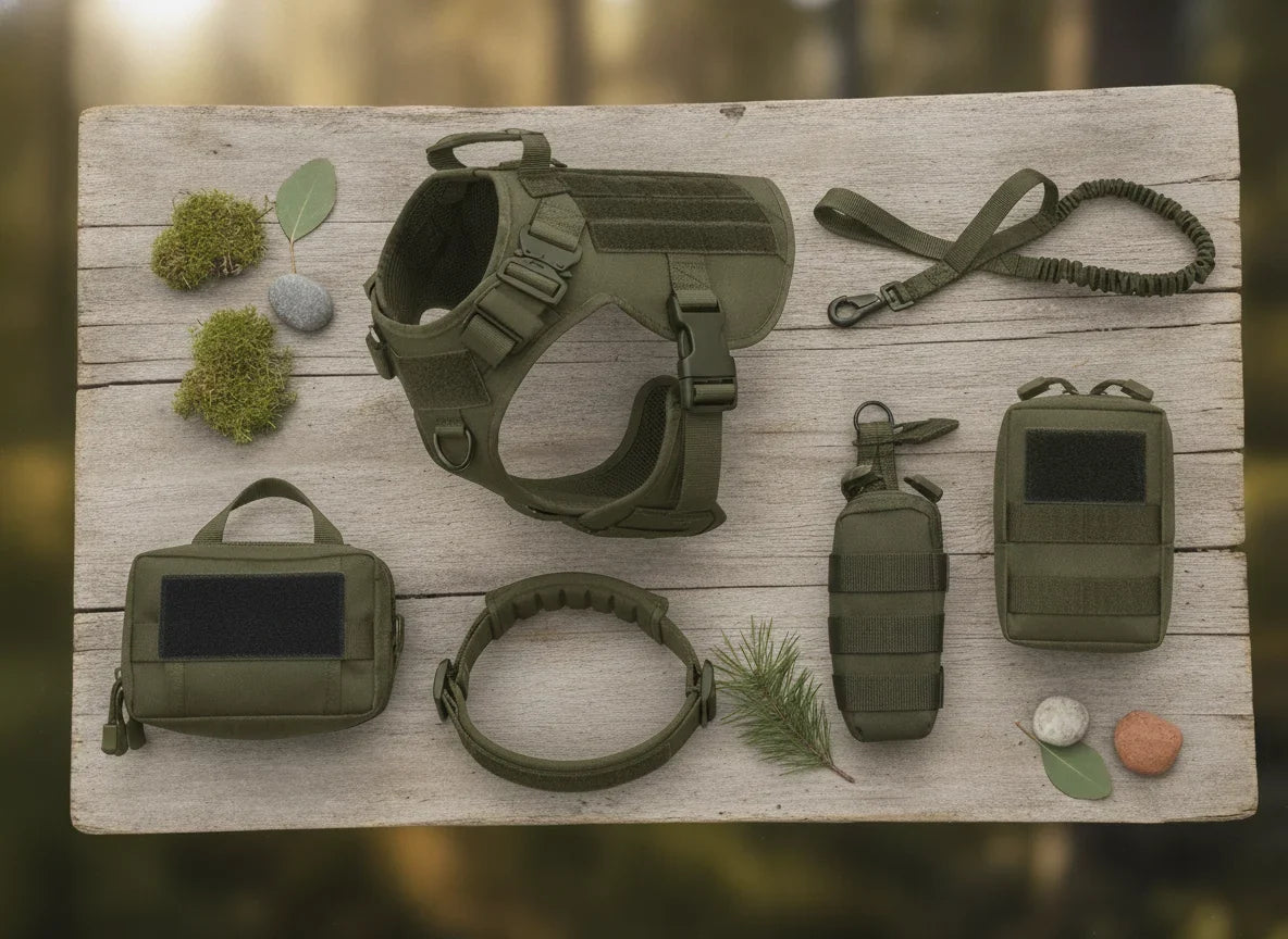 Kit harnais de randonnee pour chien vert armee avec laisse elastique, sacoches et accessoires MOLLE