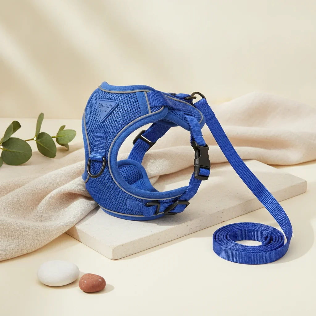 Harnais pour petit chien bleu avec laisse assortie