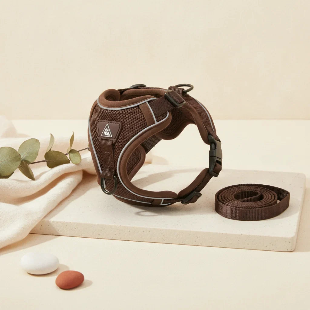 Harnais pour petit chien marron chocolat avec laisse assortie