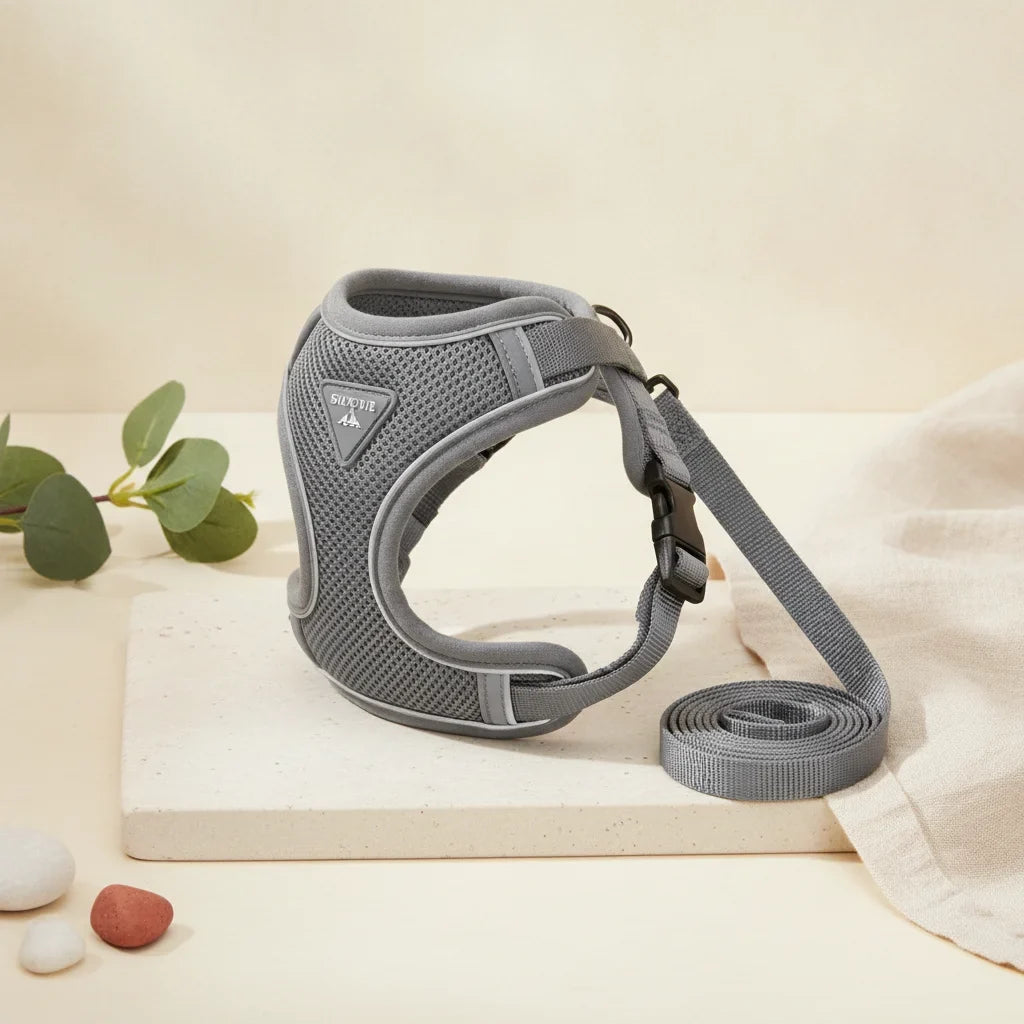 Harnais pour petit chien gris avec laisse assortie