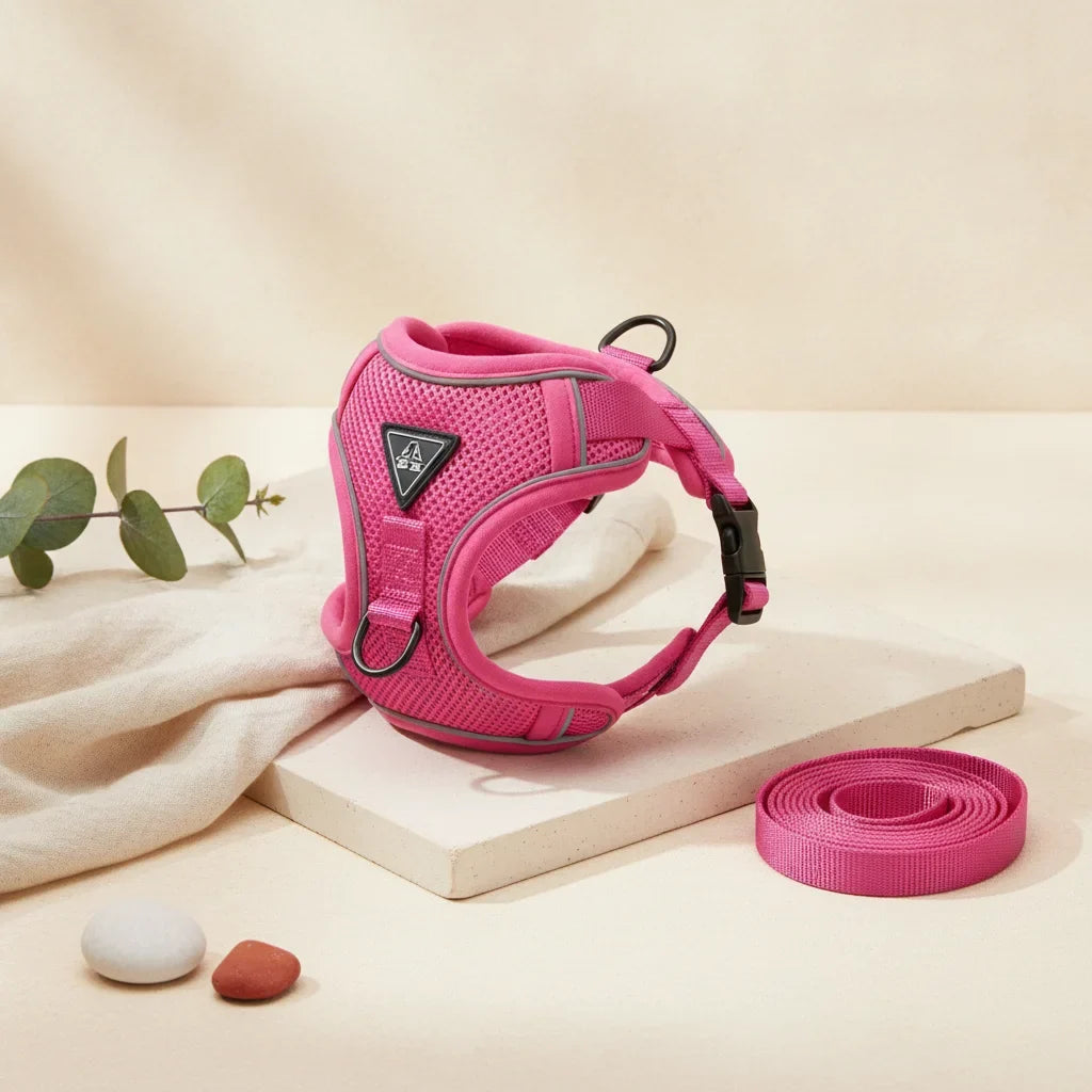 Harnais pour petit chien rose avec laisse assortie