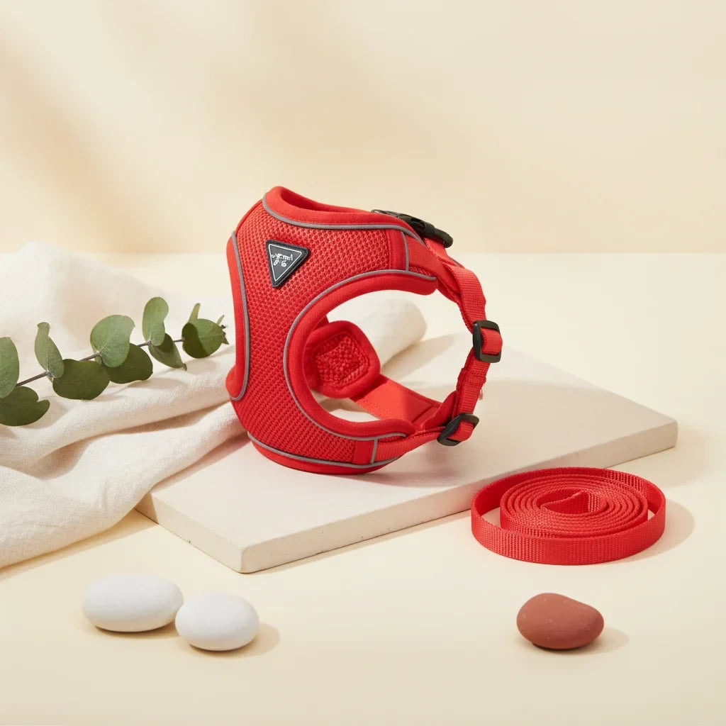 Harnais pour petit chien rouge avec laisse assortie