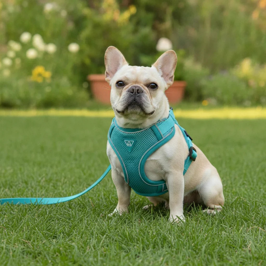 Bouledogue francais portant un harnais turquoise, assis de face dans un jardin