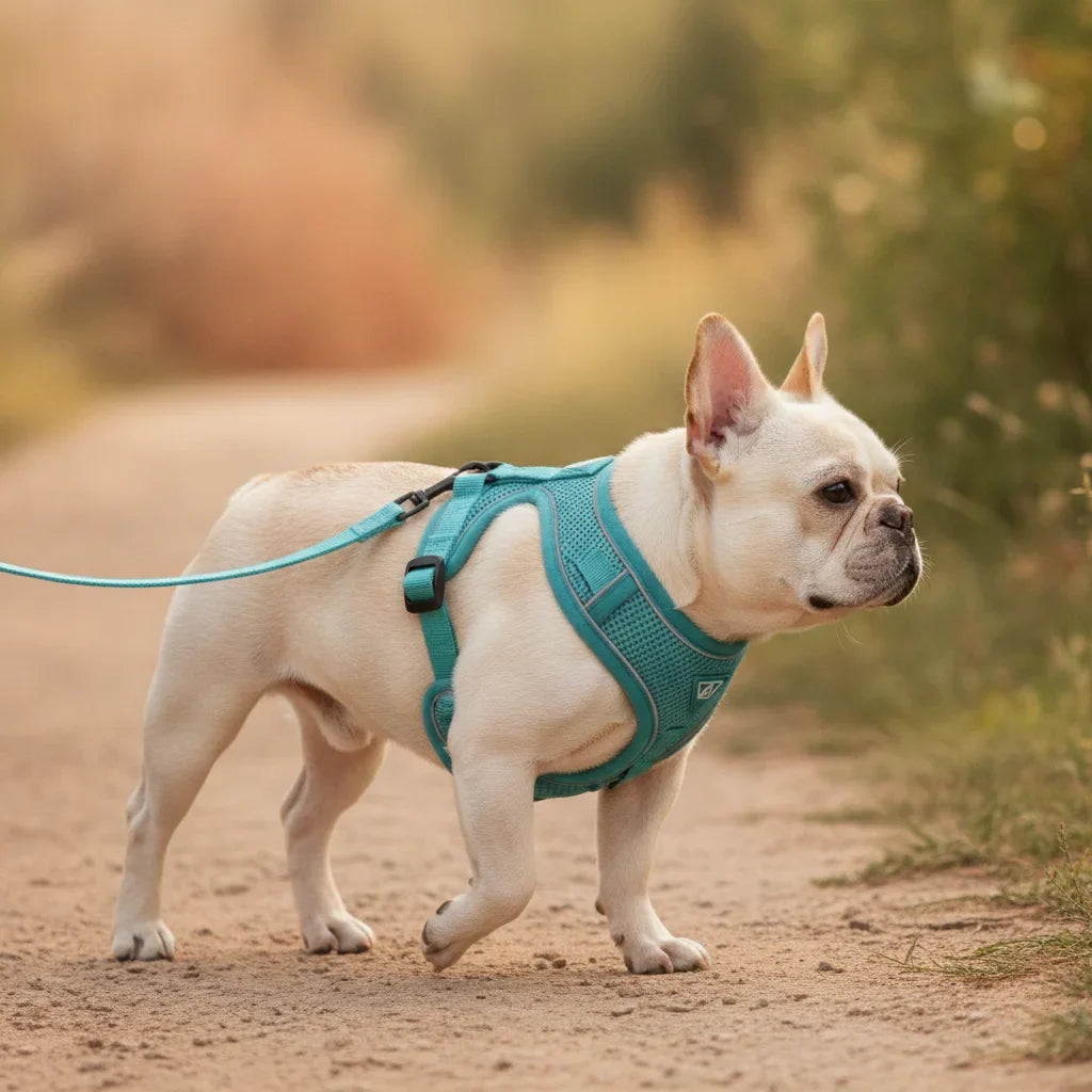 Bouledogue francais portant un harnais turquoise, vu de profil en promenade