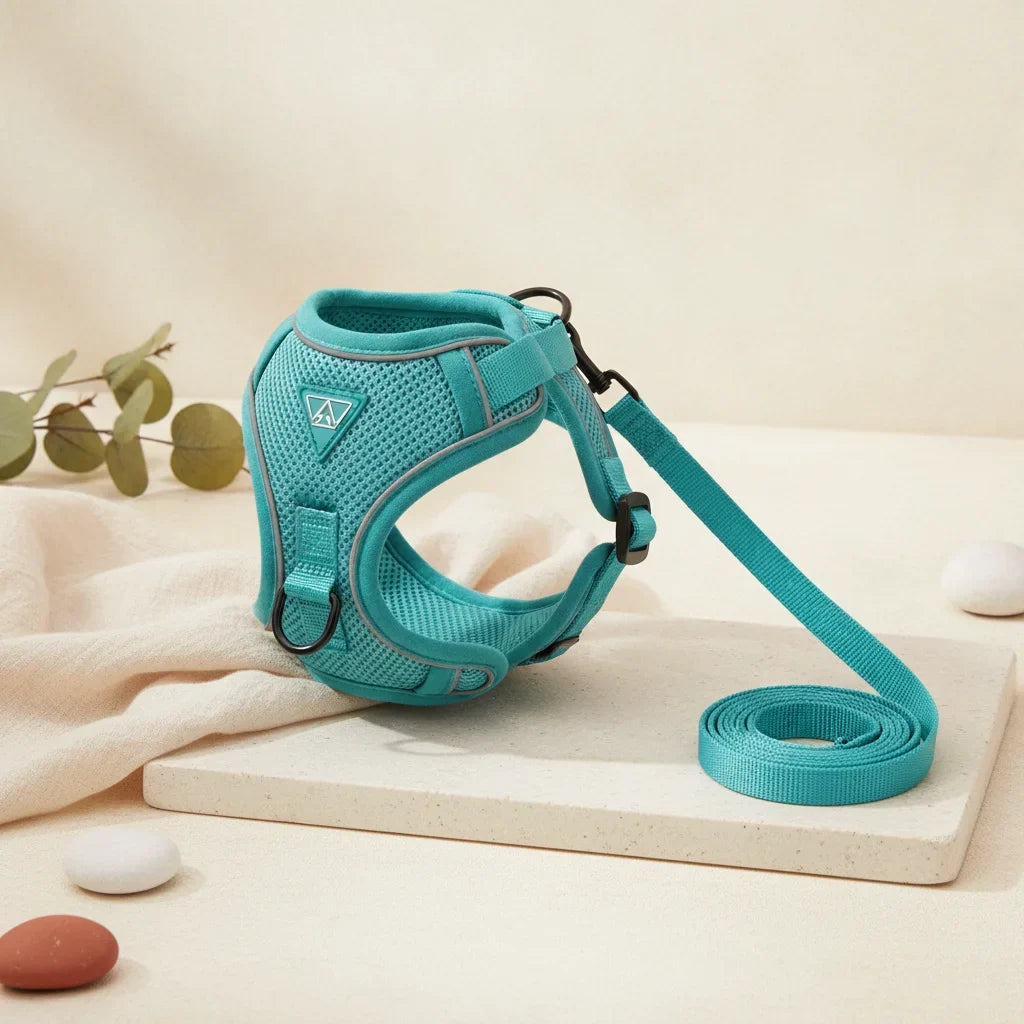Harnais pour petit chien turquoise avec laisse assortie