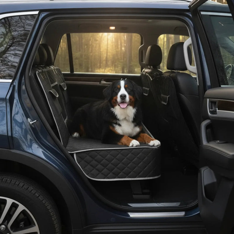 Housse de protection voiture hamac pour chien installee sur la banquette arriere, portiere ouverte