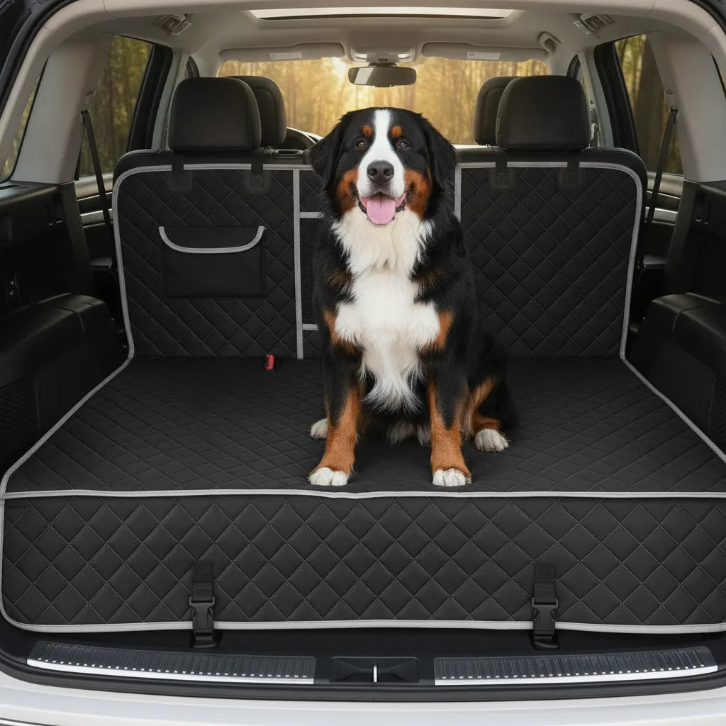 Chien Bouvier Bernois assis dans le coffre d'une voiture sur une housse hamac de protection