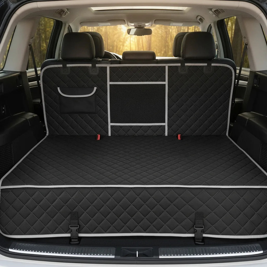 Housse de protection voiture hamac pour chien installee dans le coffre, vue d'ensemble