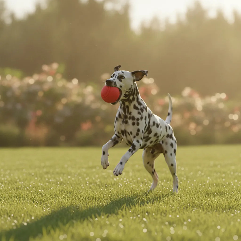Chien Dalmatien courant avec une balle en caoutchouc rouge dans la gueule