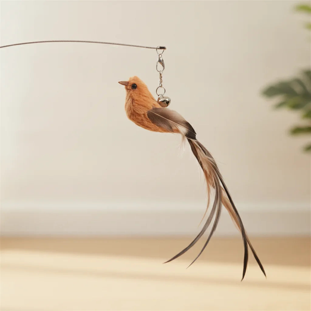 Gros plan sur l'oiseau en plumes avec grelot d'un jouet interactif pour chat