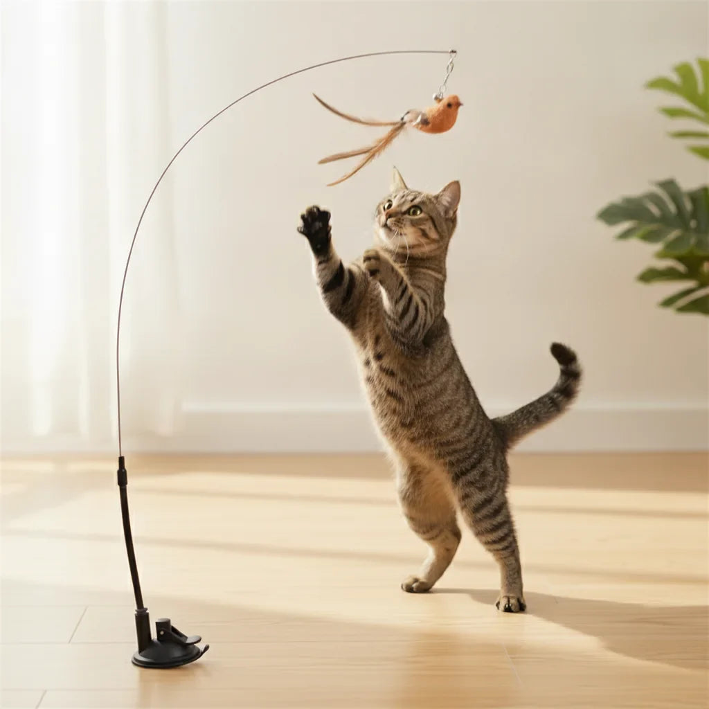 Chat tigre sautant pour attraper un jouet oiseau sur tige a ventouse