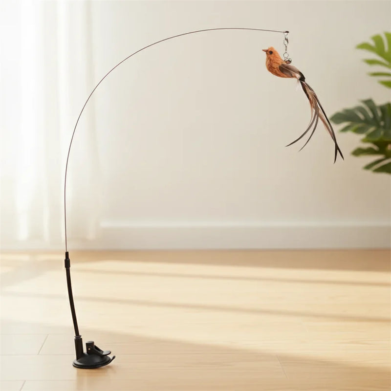 Jouet oiseau volant pour chat sur tige flexible avec base a ventouse, vue d'ensemble