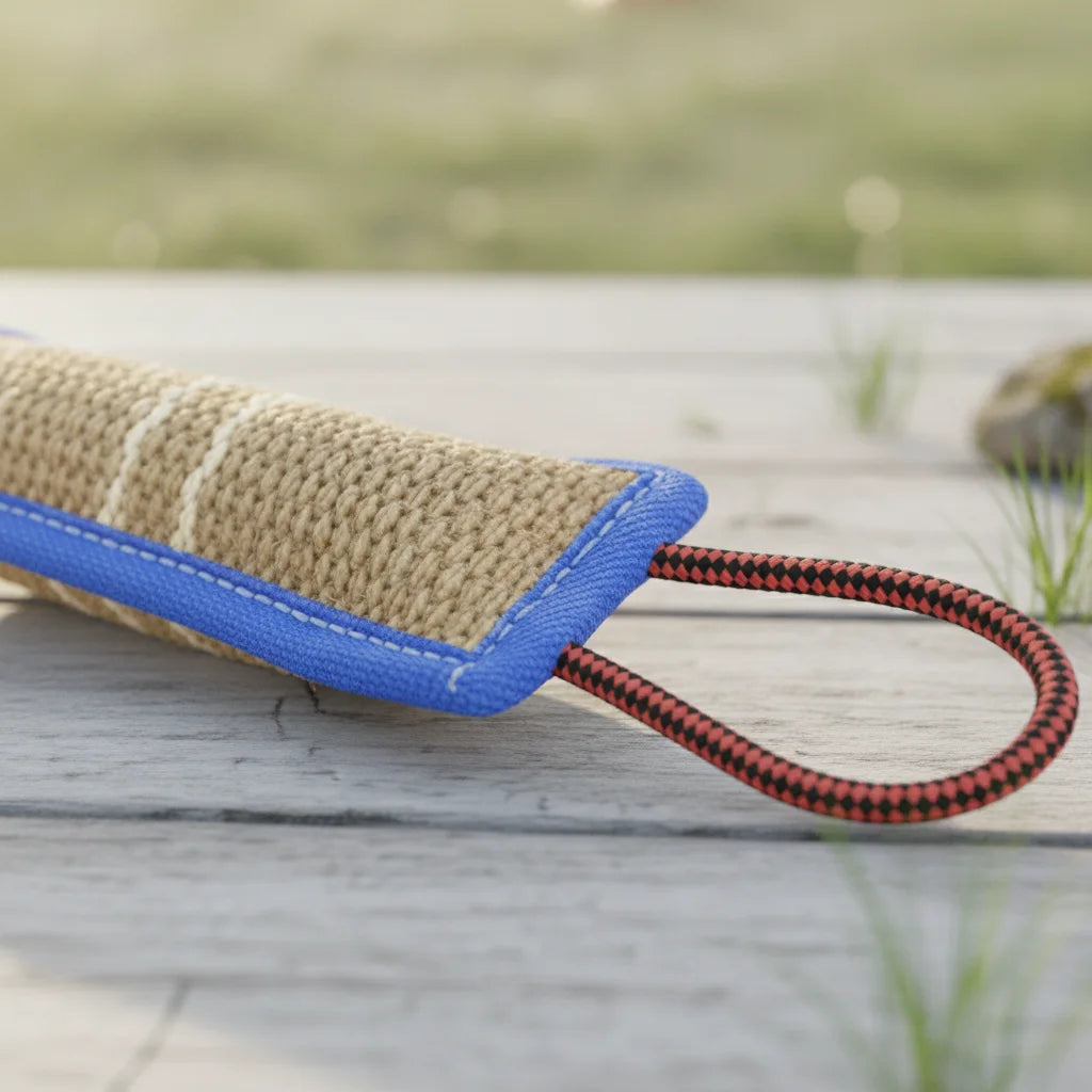 Détail des coutures renforcées du bâton à mâcher en jute pour chien
